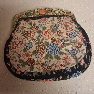 Antique Floral Embroidered Clutch with Gold Frame